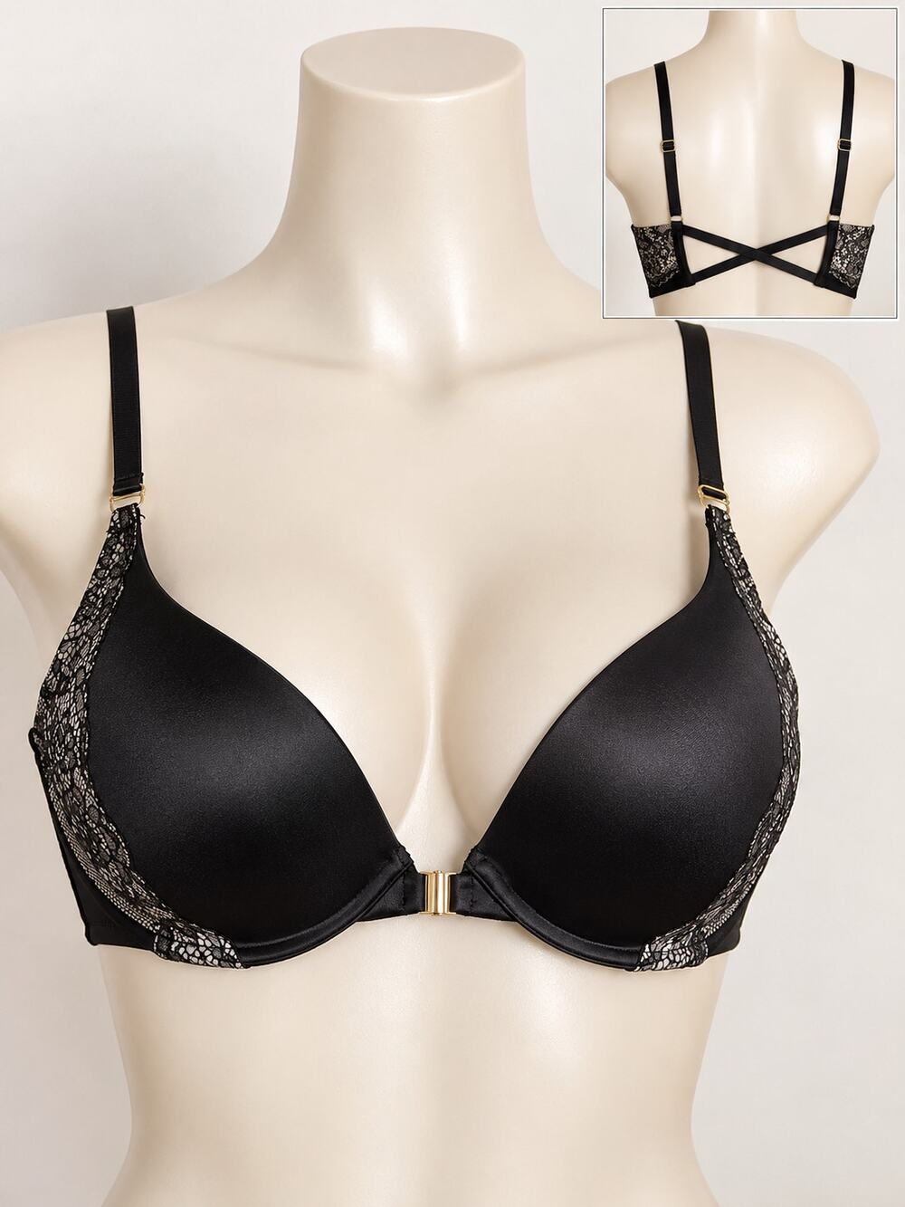 VICTORIA'S SECRET Very Sexy Black Lace Plunge Push Up Bra 32D Front Close